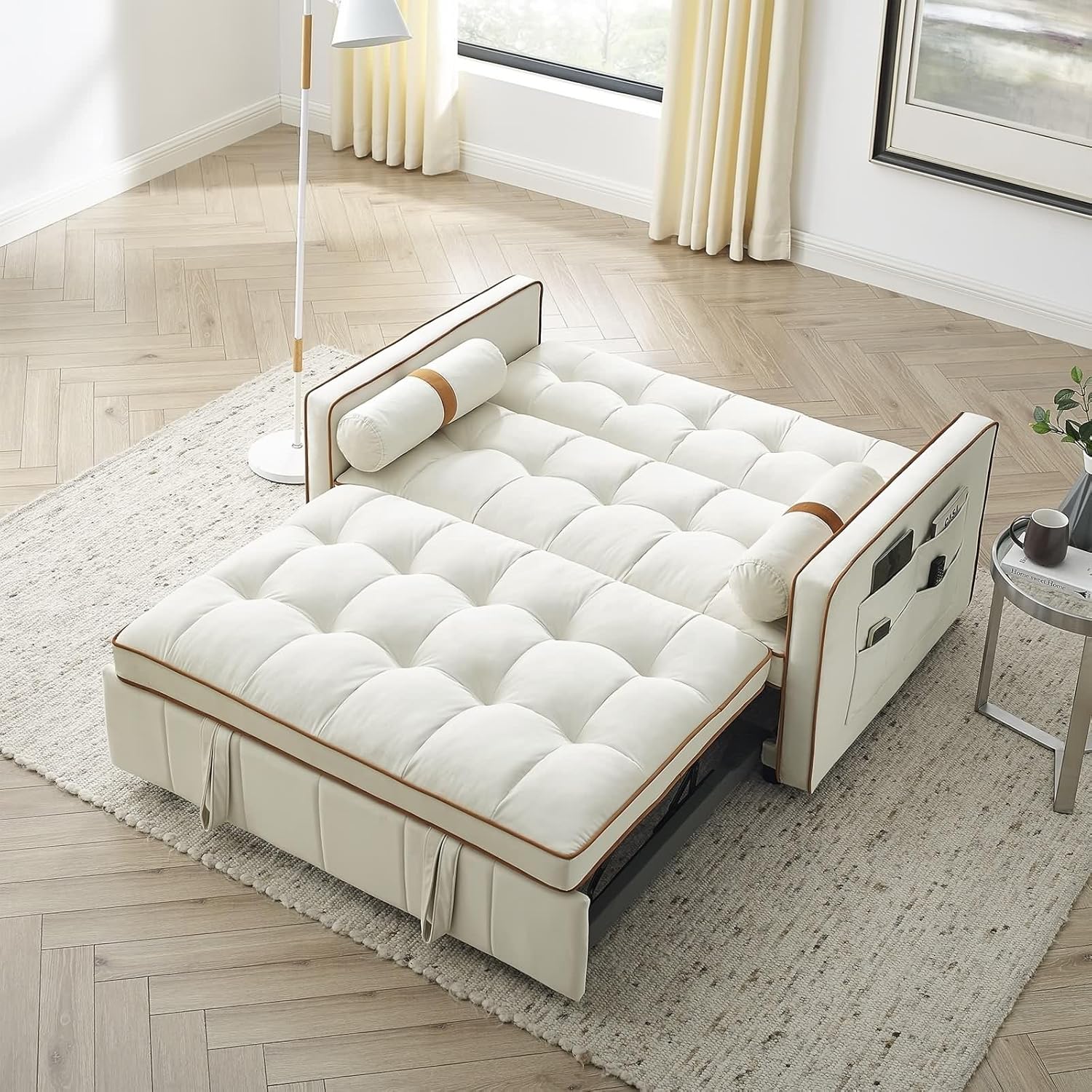 Modern 55.5" Pull Out Sleep Sofa Bed 2 Seater Loveseats Sofa Couch with Side Pockets, Adjsutable Backrest and Lumbar Pillows for Apartment Office Living Room, Beige