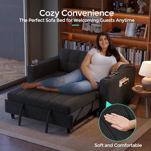 LINSY 3-in-1 Convertible Sofa Bed, 54" Pull Out Sleeper Sofa with Charging Station & Cup Holder, Small Folding Loveseat with Side Pocket for Small Space, Corduroy Couch, Green