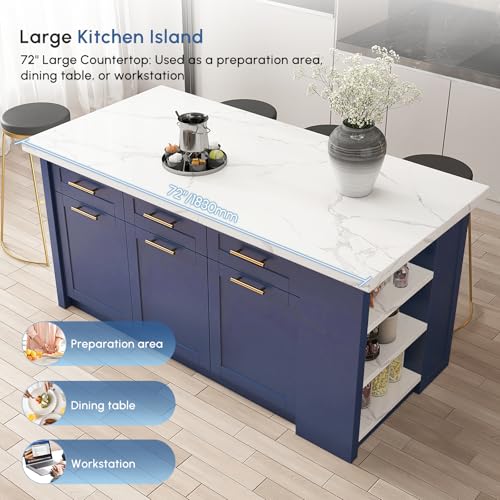 homary 72'' Kitchen Islands with Storage Modern White Kitchen Table with Seating & 3 Drawers Dining Table