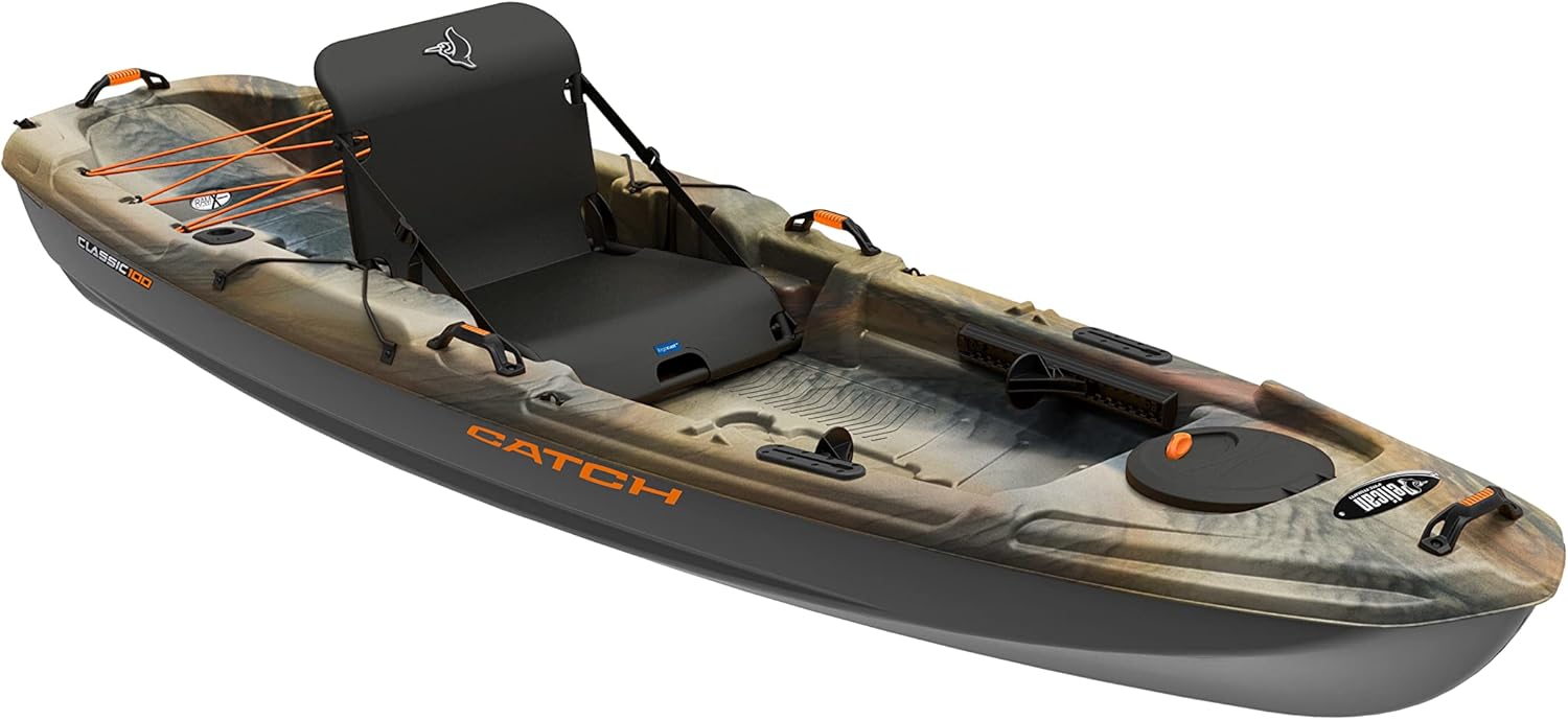 Pelican Catch Classic 100 Angler - Sit-on-Top Fishing Kayak - Ergocast Dual Position Seating System - 10 ft - Outback & Onyx MoveVent Dynamic Paddle Sports Life Vest, Orange, XL/2XL