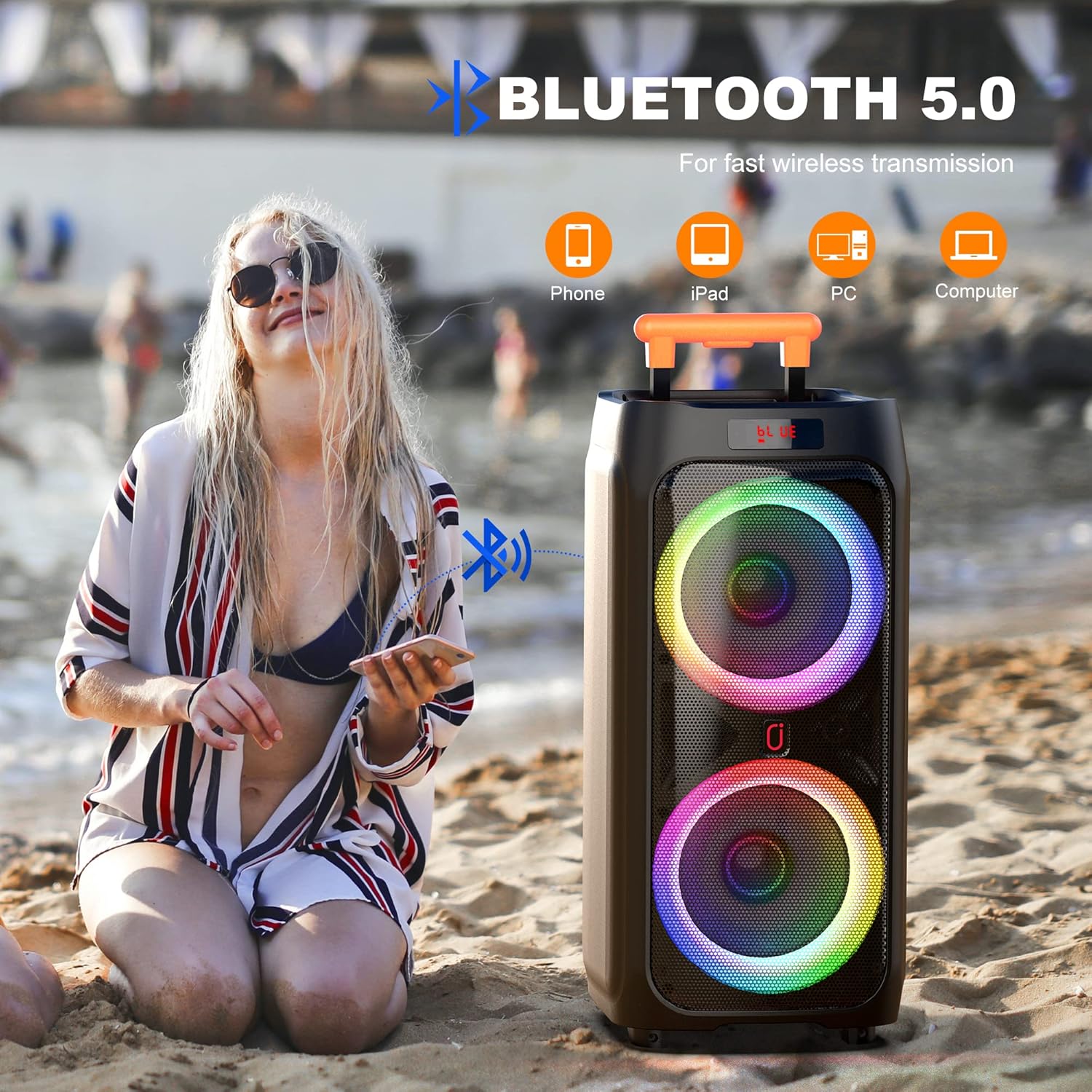 JYX Karaoke Machine with 2 Wireless Microphones for Adults, 8" Big Bluetooth Party Speaker with 500W Peak Power,PA System with DJ Light, Rolling Wheels and Trolley,Perfect for Outdoor