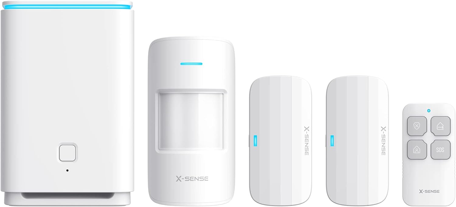 X-Sense Home Security System, 5-Piece Wireless Alarm Kit with Base Station, Motion Sensor, Entry Sensor, Remote Control, 1 1/4 Mile Wireless Range, Works with Alexa, No Contract, for Indoor Security