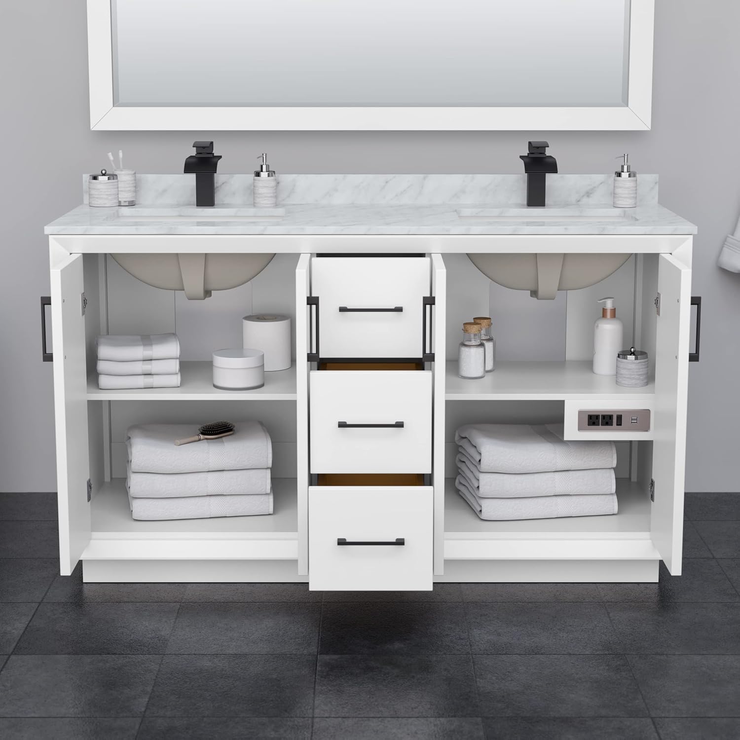 Wyndham Collection Strada 60 Inch Double Bathroom Vanity in White, White Cultured Marble Countertop, Undermount Square Sink, Brushed Nickel Trim