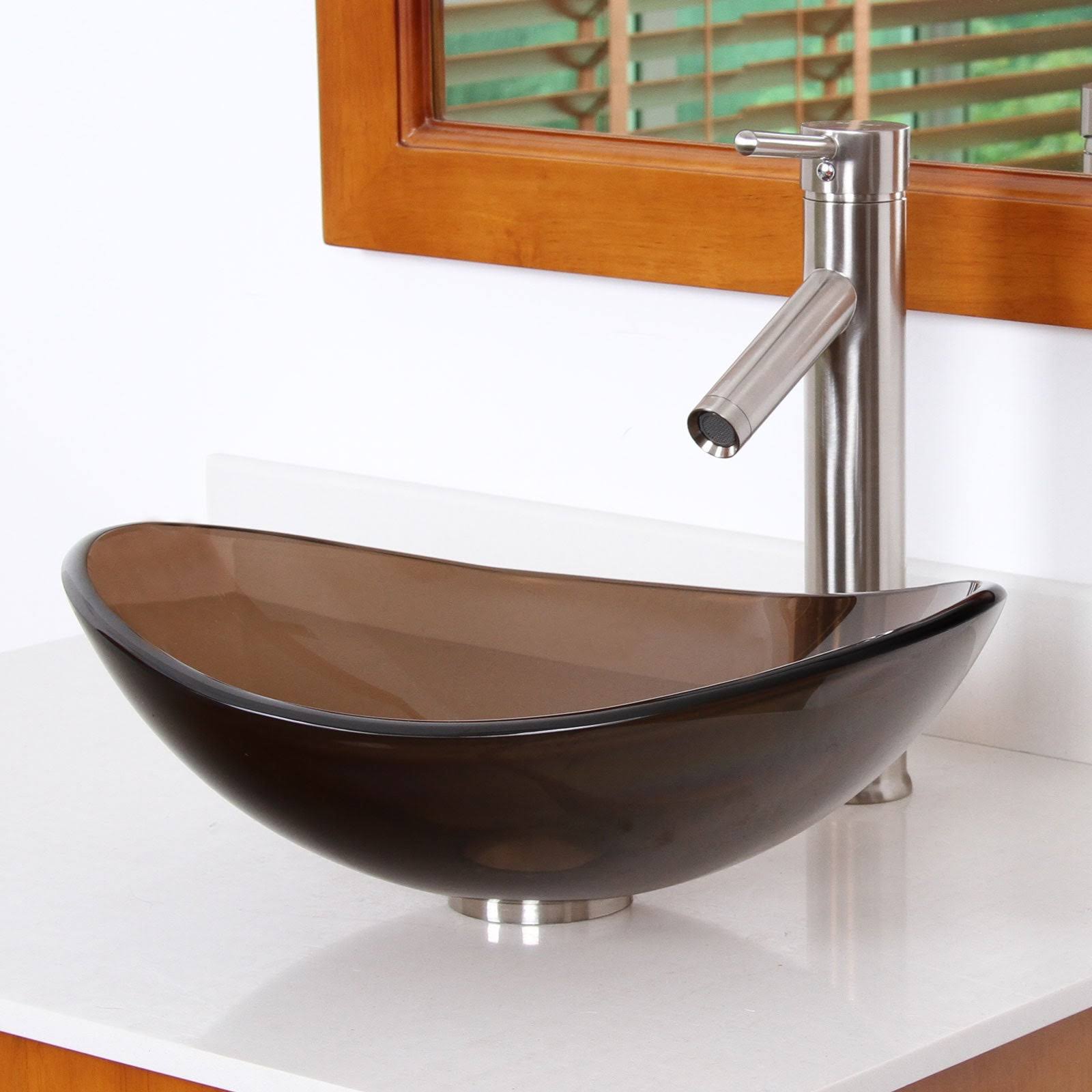 Elite 1417+2659 Unique Oval Transparent Brown Tempered Glass Bathroom Vessel Sink with Faucet Combo - Chrome Finish Faucet+Sink