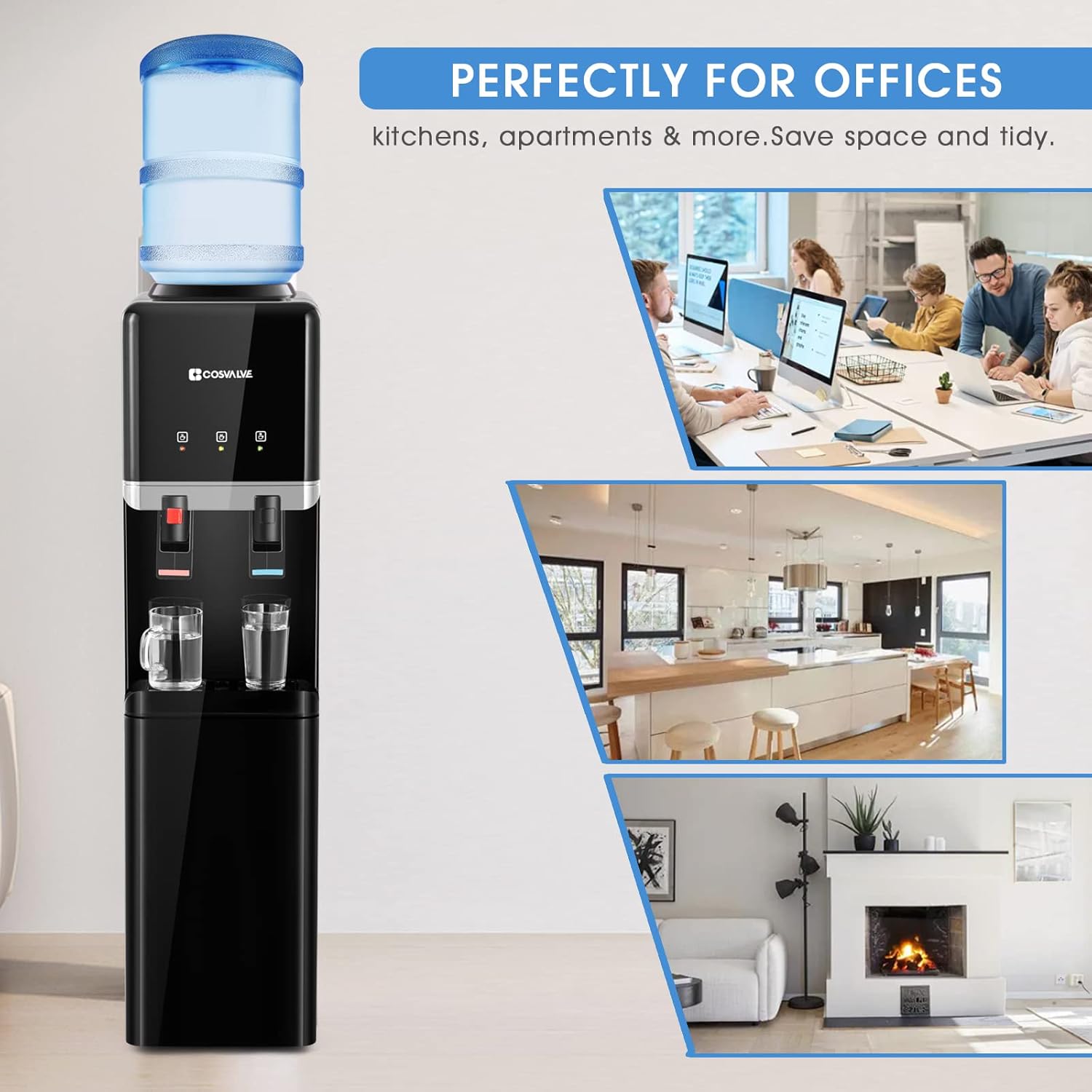 COSVALVE Water Cooler Dispenser, 5 Gallon Top Loading Hot/Cold Water Cooler,Compression Refrigeration w/Child Safety Lock,Storage Cabinet for Home Office, Apartment