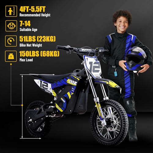 KOOZ HP112E 36V 1000W Electric Dirt Bike for Kids, 3 Speed Modes Teen Electric Motorcycle Up to 18 MPH & 15 Miles Long-Range, Dual Suspension & Disc Brake, 16" Sturdy Tire for Kids Teenagers, Orange