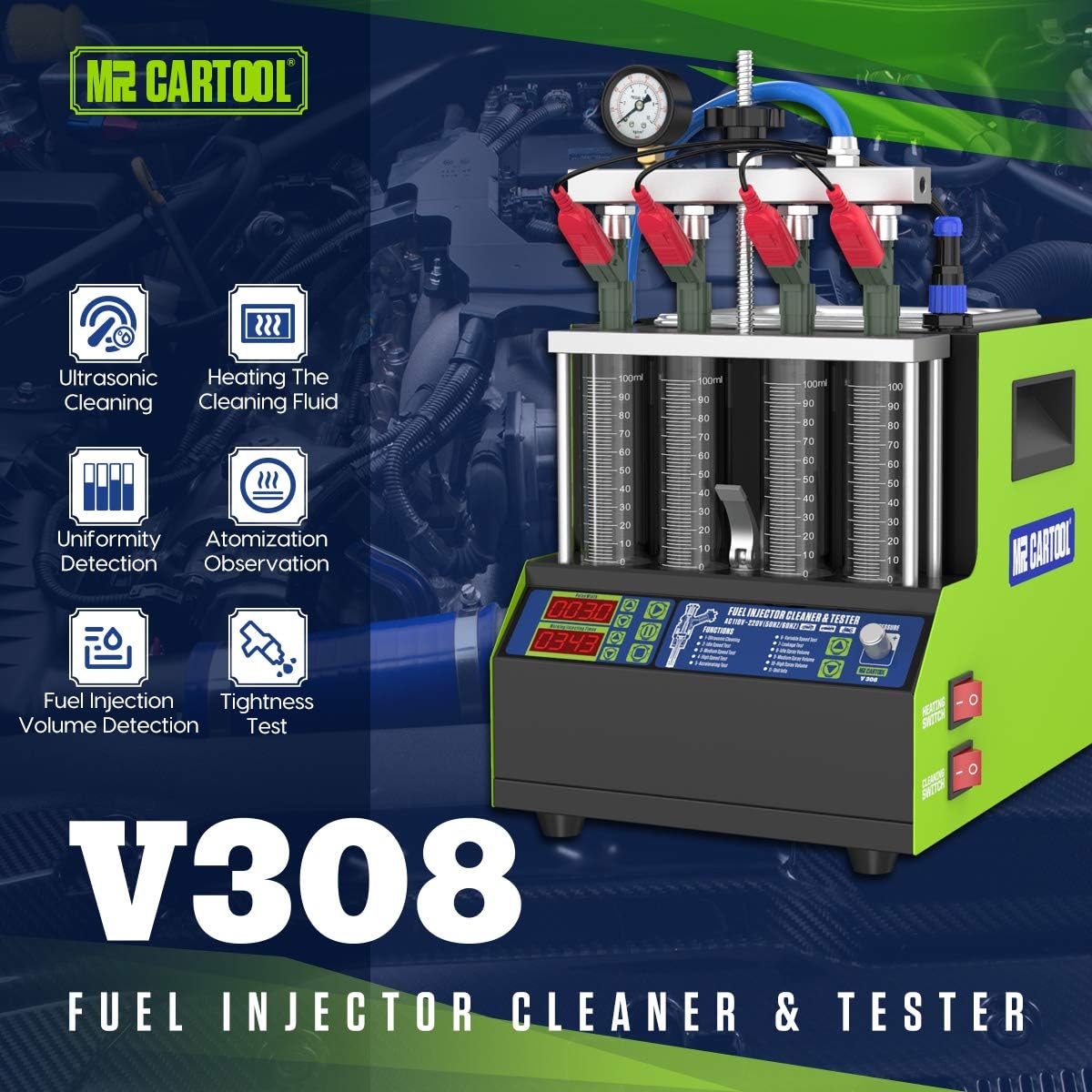 MR CARTOOL V308 Ultrasonic Fuel Injector Tester Cleaner Machine Kit with 4 Cylinders, 110V Automotive Cleaning Spark Plug Testing Leak Injection for Car Motorcycle