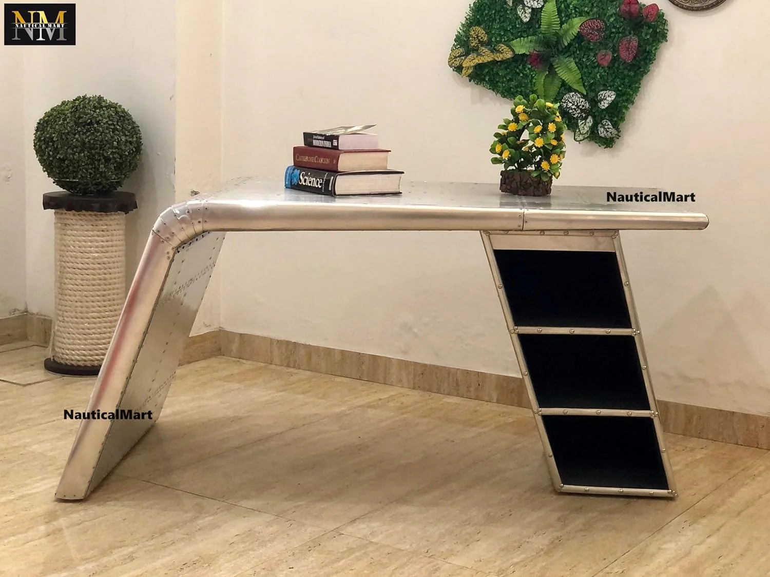 NauticalMart Aviator Wing Desk Aluminium Table Home Office Aviator Furniture Decor (with Shelves, 70 Inches)