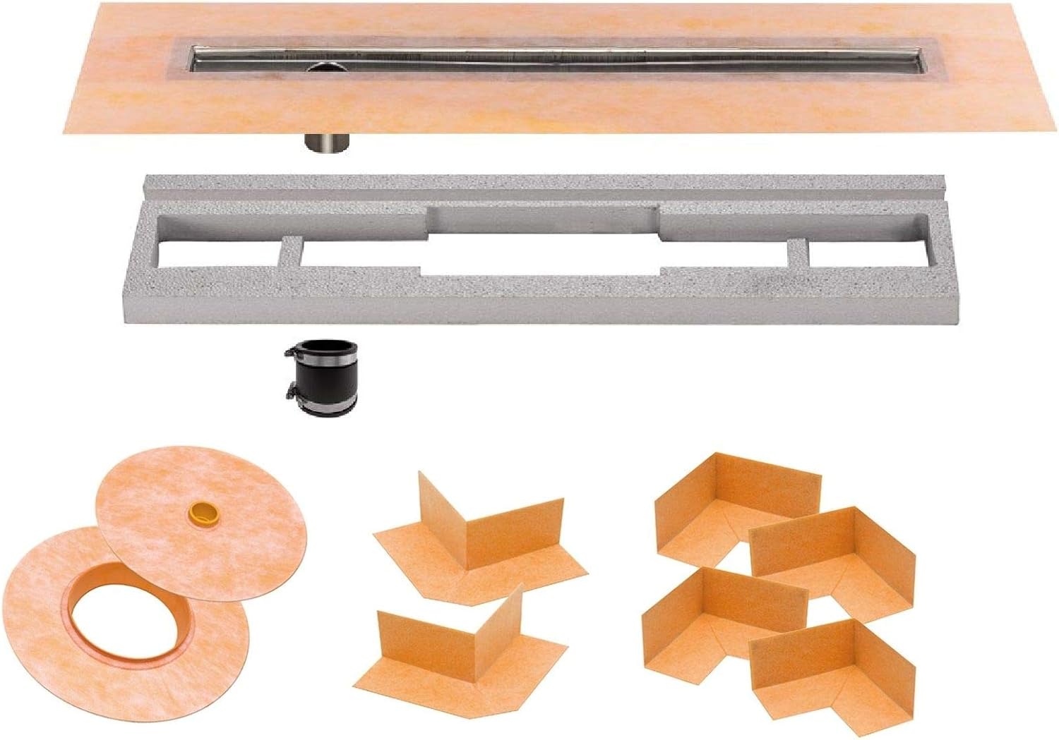 Schluter Kerdi-Line Shower Kit with 36 x 55 Inch Tray, Offset Drain Outlet (KSLT915/1395S), and 32 Inch Linear Offset Channel Body with Tileable Grate