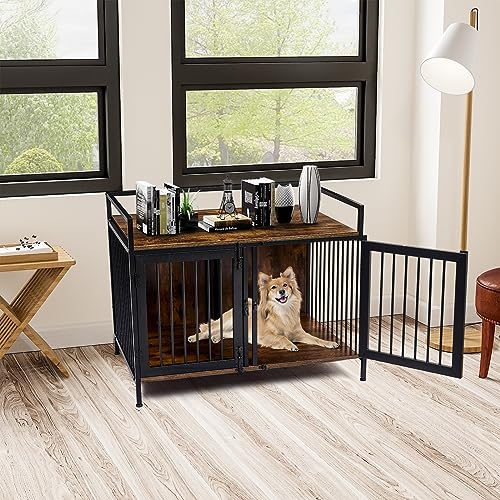 2 Rooms Dog Crate Furniture with Divider,39" Heavy Duty Dog Crate Table, Indoor Dog Kennel,Dog House,Dog Cage,TV Stand 38.9”Wx26.9”Dx21.1”H