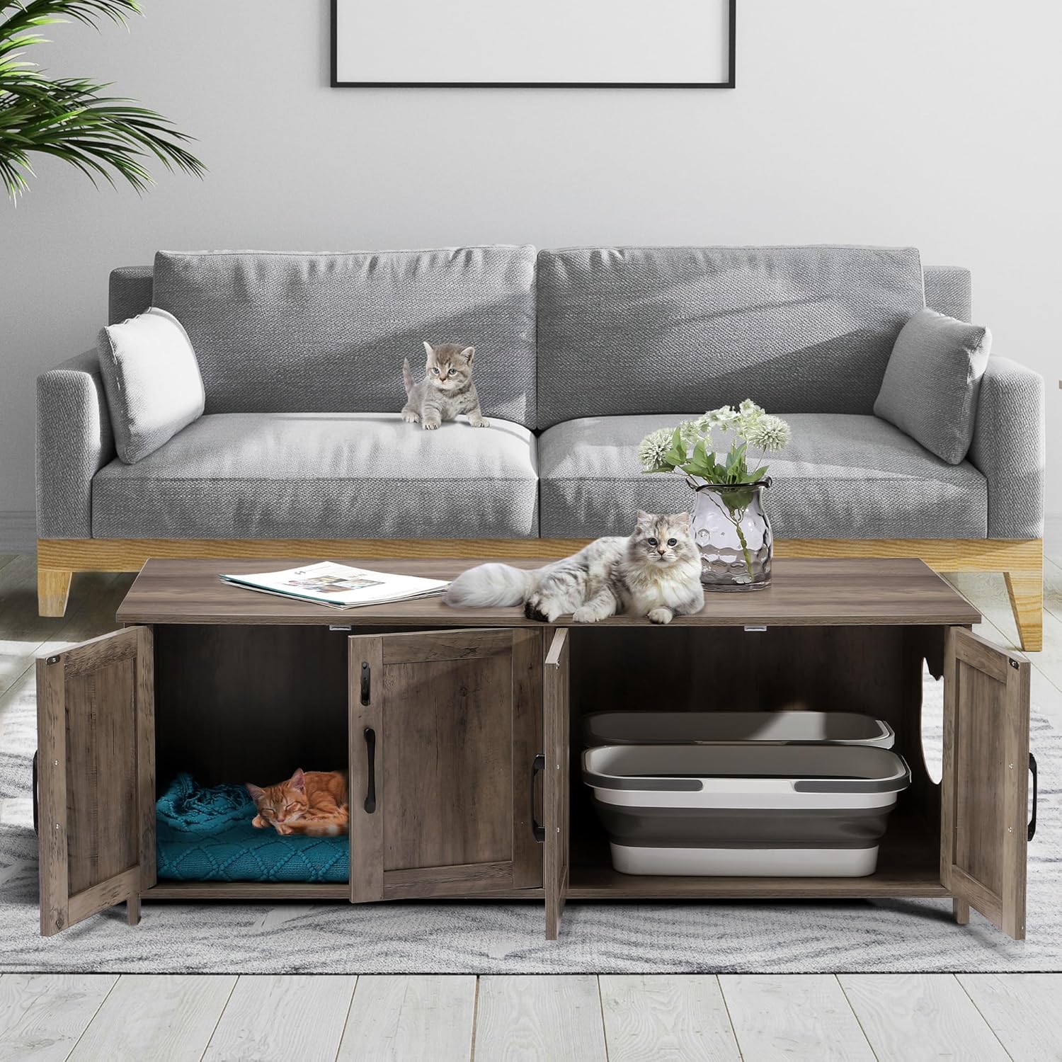TITIMO Cat Litter Box Enclosure for 2 Cats - Litter Box Furniture Hidden with Lockable Door,Wooden Cat Washroom Furniture with Double Room,Cat House,Hideaway Litter Box,Greige