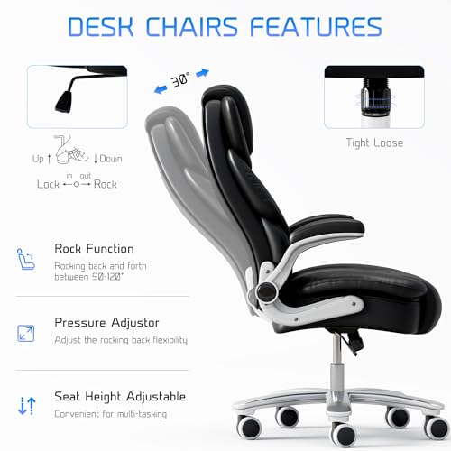Big and Tall Office Chair 400lb Wide Seat, High Back Leather Executive Office Chair with Flip-up Arms, Ergonomic Computer Desk Chairs for Home Office, Brown