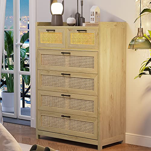 Rattan Dresser for Bedroom with LED Lights, Modern 6 Drawer Dresser with Metal Handles, Wood Storage Chest of Drawers Dresser for Closet, Bedroom, Living Room, Hallway