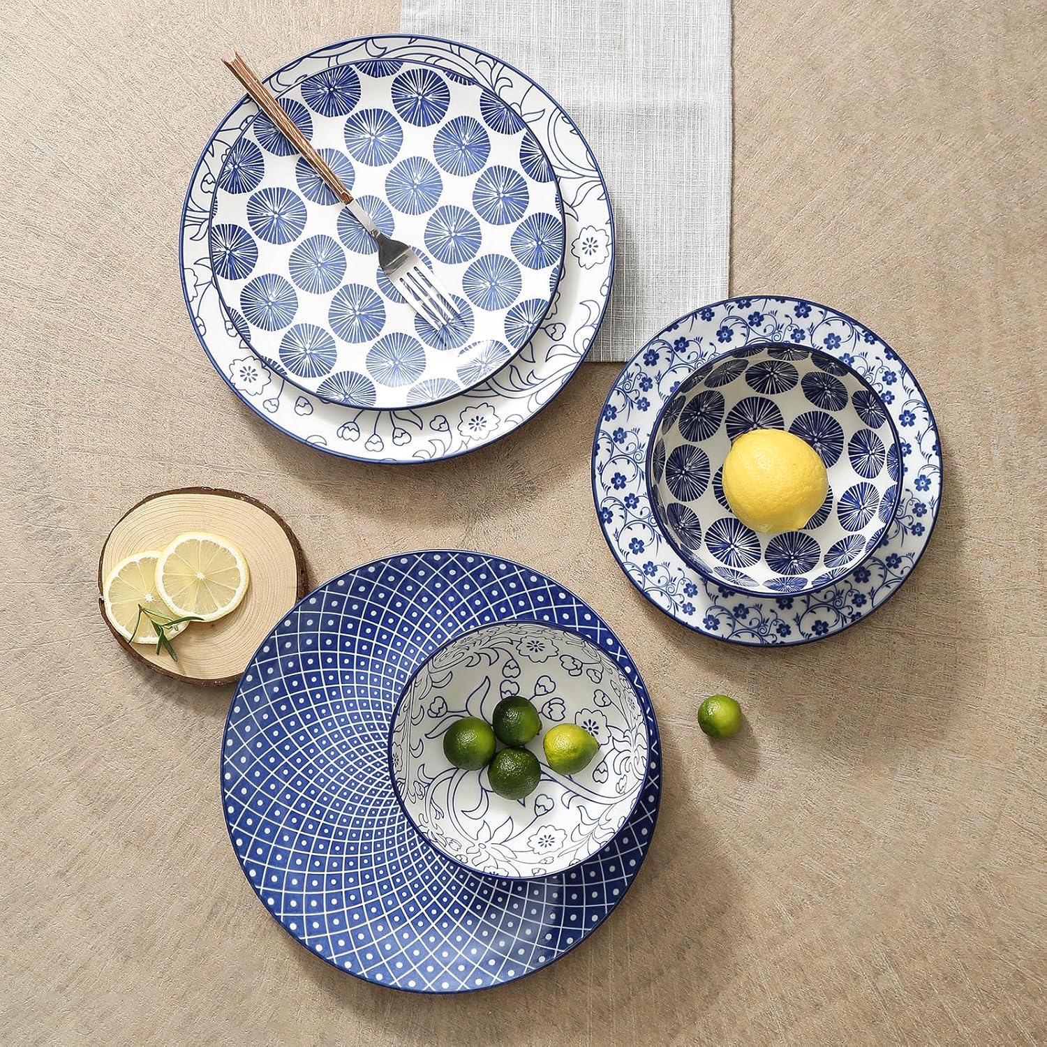 Selamica Ceramic 16 Pieces Dinnerware Set for 4 + 8 Inch Rectangular Salad Plates, Vintage Blue