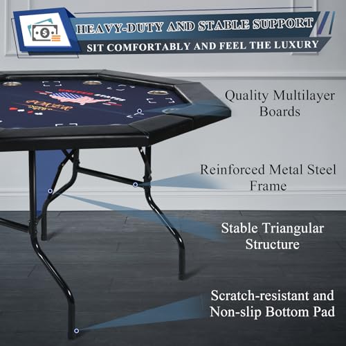 8 Players Poker Table Foldable,50inch Upgraded Folding Octagon Casion Table, Portable Texas Holedem Table w/Stainless Steel Cup Holders, Water-Resistant Cushioned Rail (Brown)