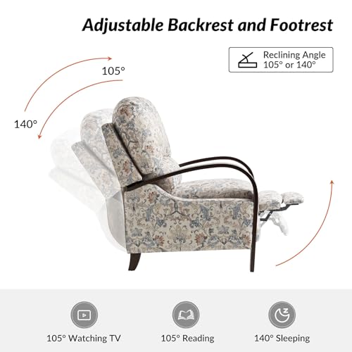 HULALA HOME Floral Manual Recliner, Modern Pushback Recliner Chair Upholstered Printed Fabric Wingback Chair for Living Room Bedroom,Red