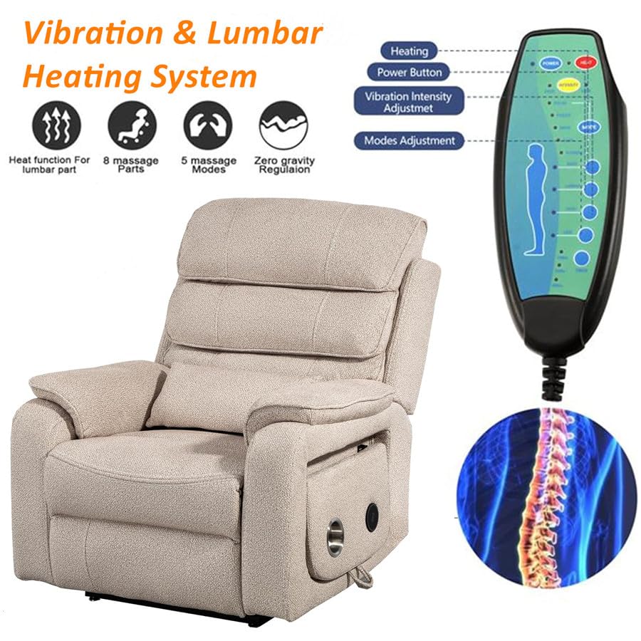 Light Grey Recliner Chair for Elderly | Tall and Big Man 400lbs | Chenille | Power Lift, Lay Flat, Stand Up, Wireless Charging Device, Extended Footrest, Massage Heat, Cup Holder, Lumbar Pillow