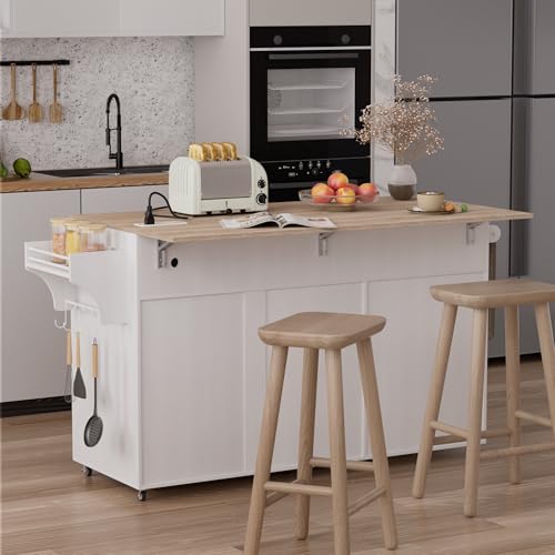 Kitchen Island on Wheels with Storage, Rolling Kitchen Islands with Drop Leaf&Power Outlet, Mobile Kitchen Island Cart with Trash Can Storage, Spice Rack, Towel Rack, Storages Cabinet ,Drawers