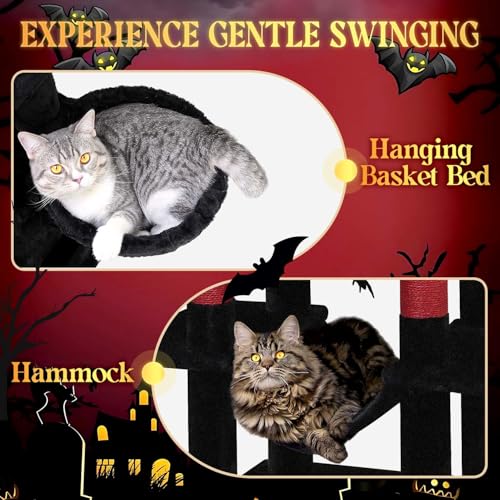 Globlazer Corner Cat Tree for Large Cats, 66inch Tall Curved Series Large Cat Tower for Multiple Indoor Cats with 6 Scratching Posts, 2 Spacious Cat Condos, Hammock, Hanging Basket, C66, Beige