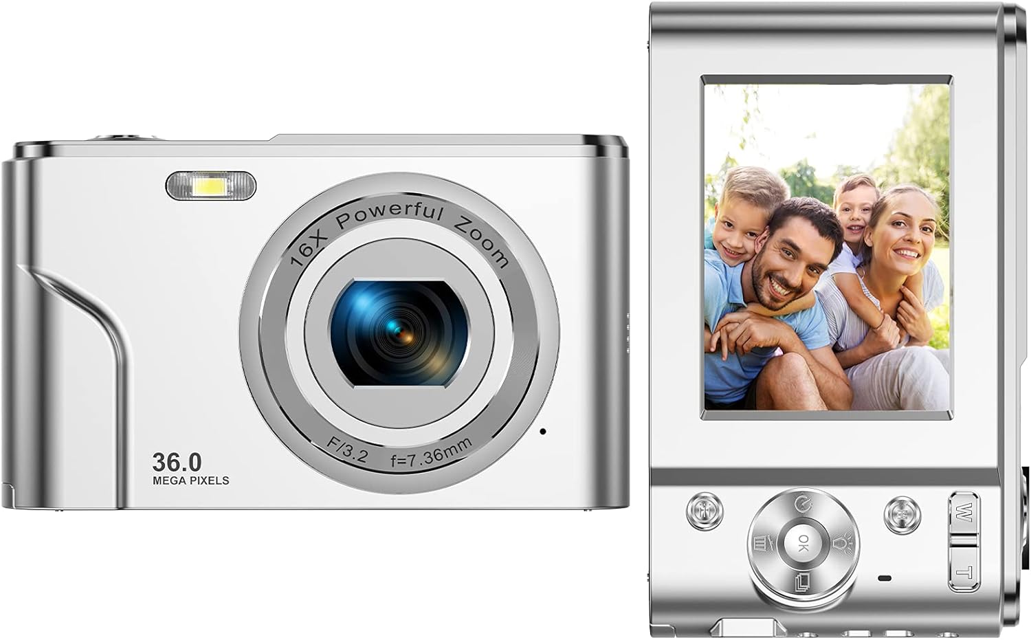 Digital Camera FHD 1080P Mini Video Camera 36MP Vlog Camera for YouTube 2.4 Inch IPS LCD Display Compact Pocket Camera with 16X Digital Zoom Anti-Shake Burst Shoot for Kids Students Teenager - Silver Pack of 2