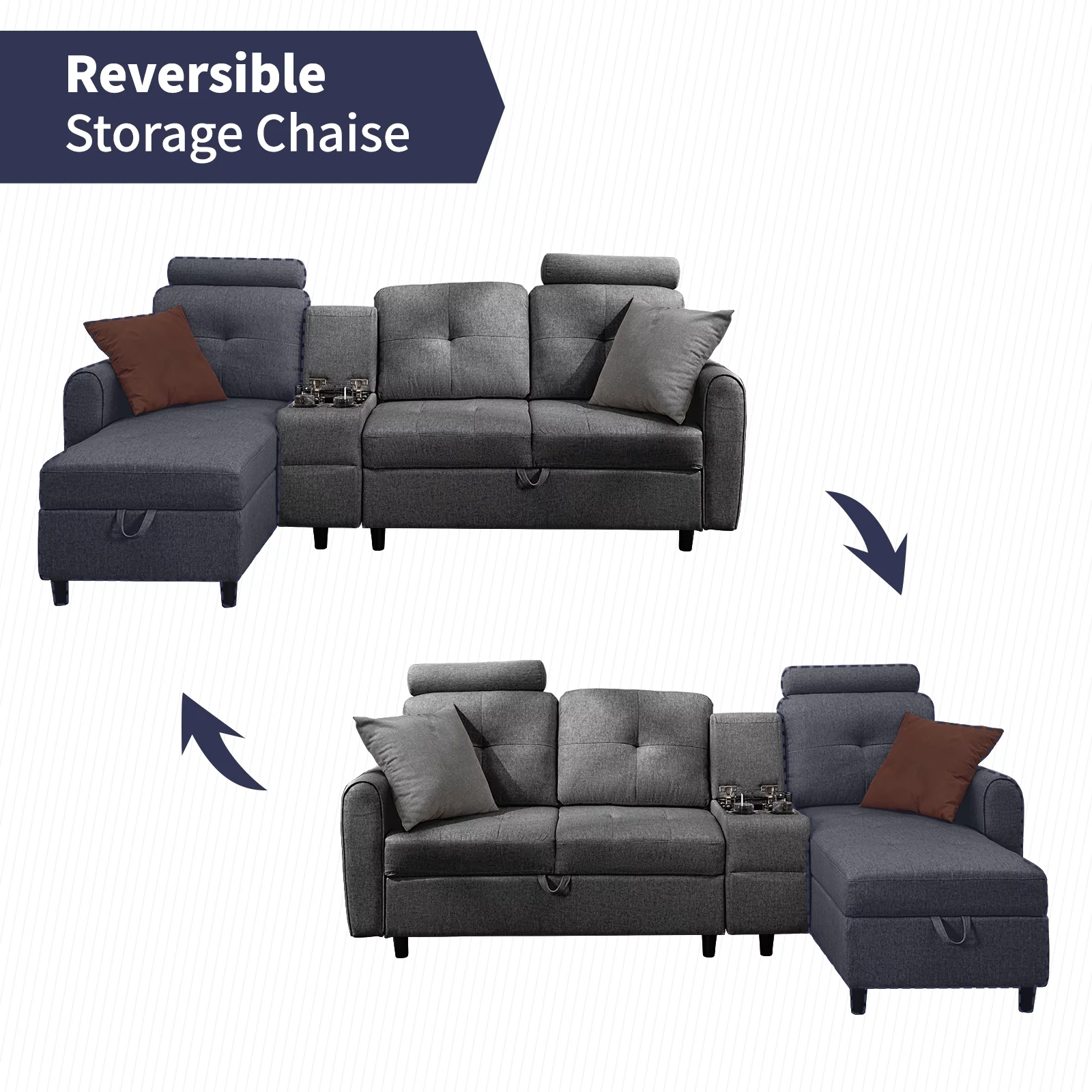 ZAFLY Convertible Sectional Couch, L Shaped Sofa with Storage Chaise, Modern Sectional Sofa with Cup Holders and Neck Pillows, Reversible Sectional Couch for Living Room, Dark Grey