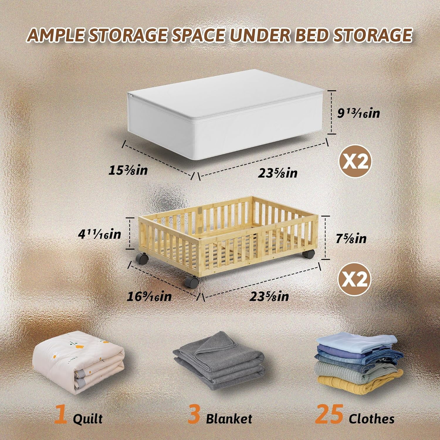 Under Bed Storage Containers with Wheels, 2 Pack Under the Bed Shoe Storage Bins, Large Wood Rolling Underbed Drawers Organizer for Bedroom Sheet Clothes Comforter, Under Crib Toy Storage White