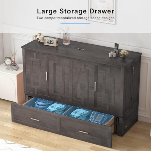 PUREMIND Queen Murphy Bed Cabinet with 2 Storage Drawers, Hideaway Murphy Chest Bed with Mattress, Cabinet Beds Wallbed with USB Charging Station for Bedroom, Guest Room