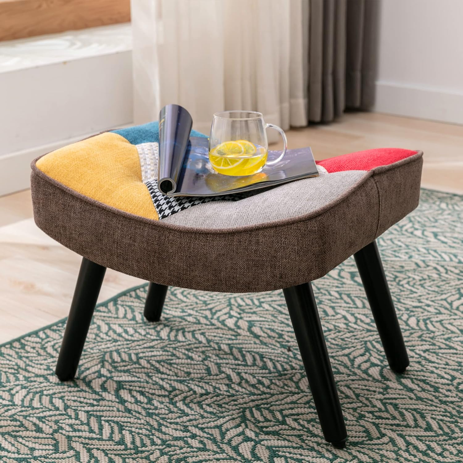 HomeMiYN Patchwork Accent Chair with Ottoman, Modern Colorful Reading Armchairs with Footrest, Splicing Wingback Chair with Wooden Legs for Living Room, Bedroom