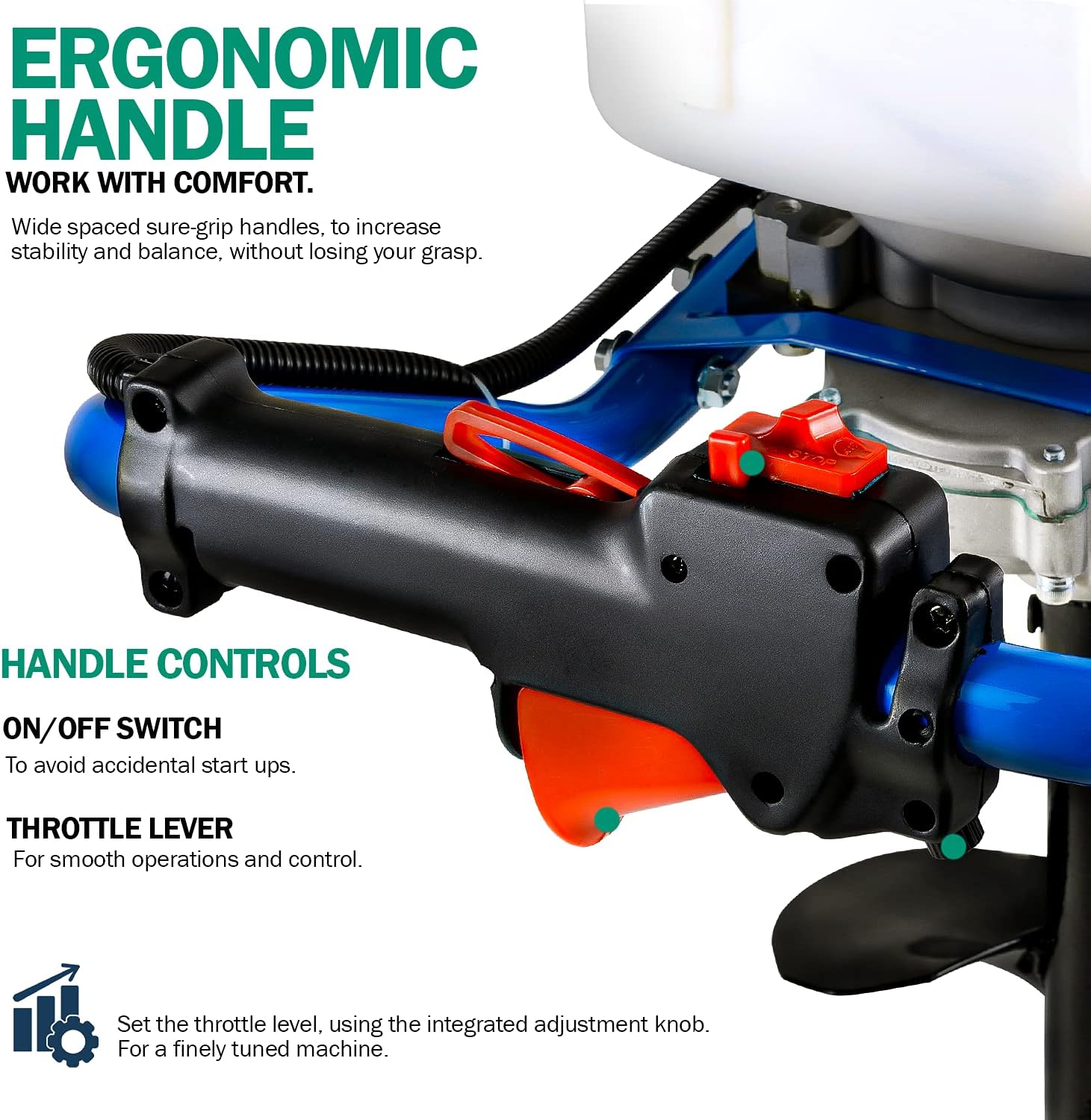 Landworks Earth Auger Power Head Heavy Duty 3HP 52cc 2 Stroke Gas Engine w/Steel 8"x24" Bit w/Fishtail One Man Post Hole Digger for Planting, Earth Burrowing/Drilling & Fences