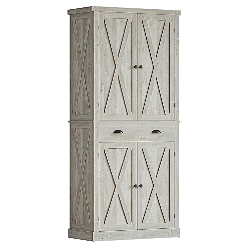 IRONCK Kitchen Pantry Storage Cabinet 72.6" H, with Barn Doors, Drawer, 4 Adjustable Shelves, Freestanding Cupboard for Dining Room Living Room, Laundry, White