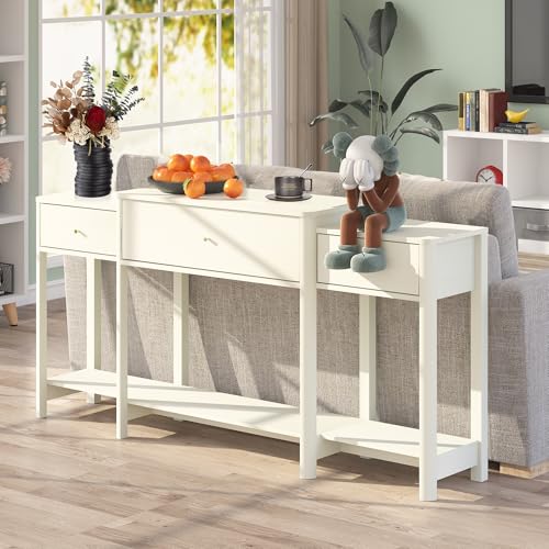 63” Console Table with Drawer,Marble Texture Top Sideboard with Open Bottom Shelf,Long Sofa Tables Behind Couch Table for Living Room Hallway, Foyer (Marble White, 63inch)