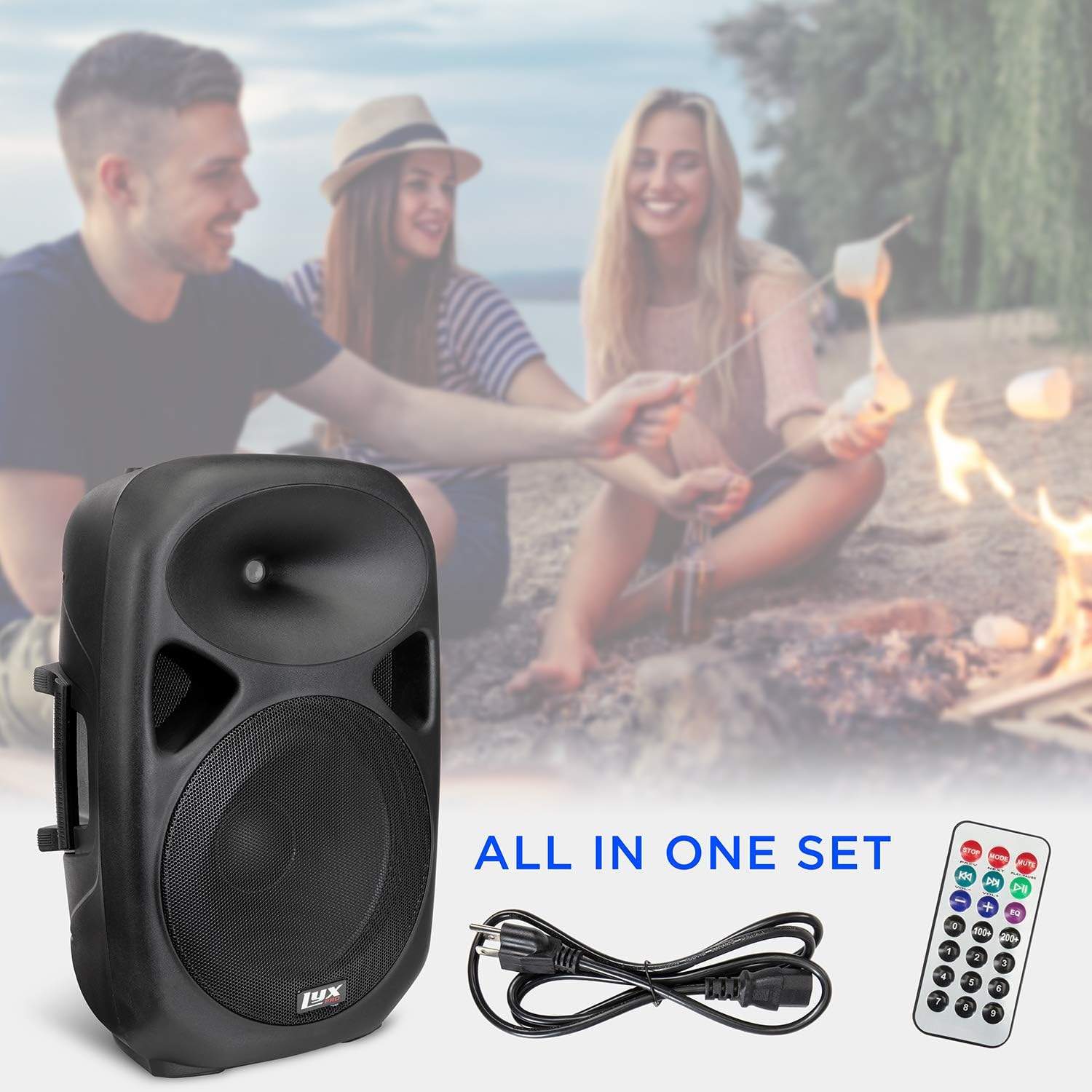 LyxPro SPA15 15 Portable PA Speaker System With Metal Tripod Stand Combo Kit Power Active Power Amplifier Equalizer Bluetooth SD Slot USB MP3 XLR 1/4 1/8 3.5mm Inputs Remote Control Carry Handles