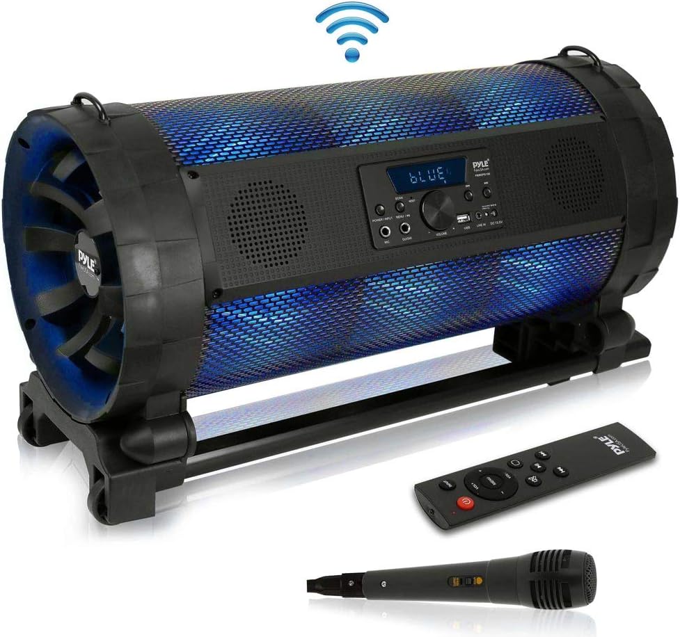 Pyle Bluetooth Boombox Street Blaster Stereo Speaker - Portable Wireless Power FM Radio / MP3 System w/ Remote, LED Lights & Rechargeable Battery - PBMSPG190 , Black