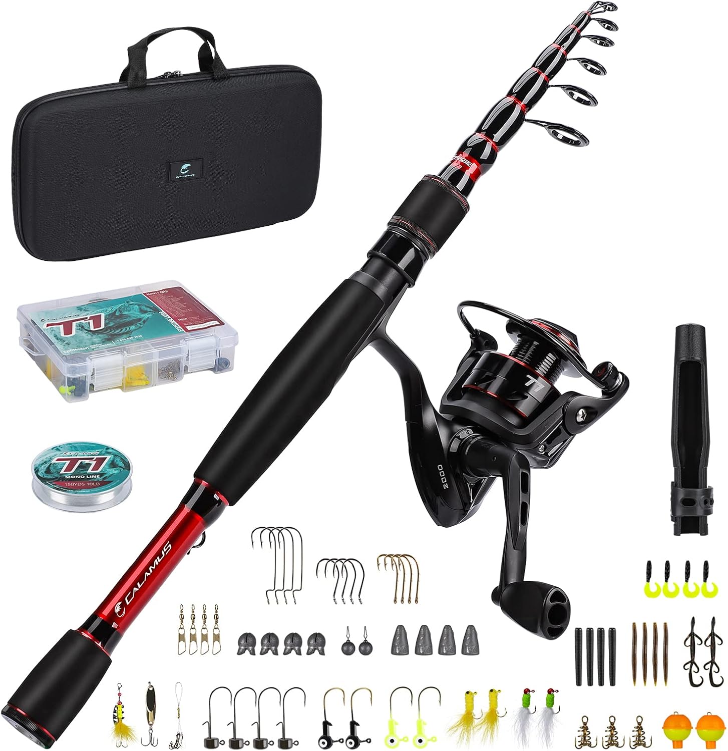 Calamus T1 Telescopic Fishing Rod and Reel Combo, Ready-to-go Fishing Gear Set with Fishing Line, Lure Kits & Accessories and Carrier Bag for Freshwater & Saltwater