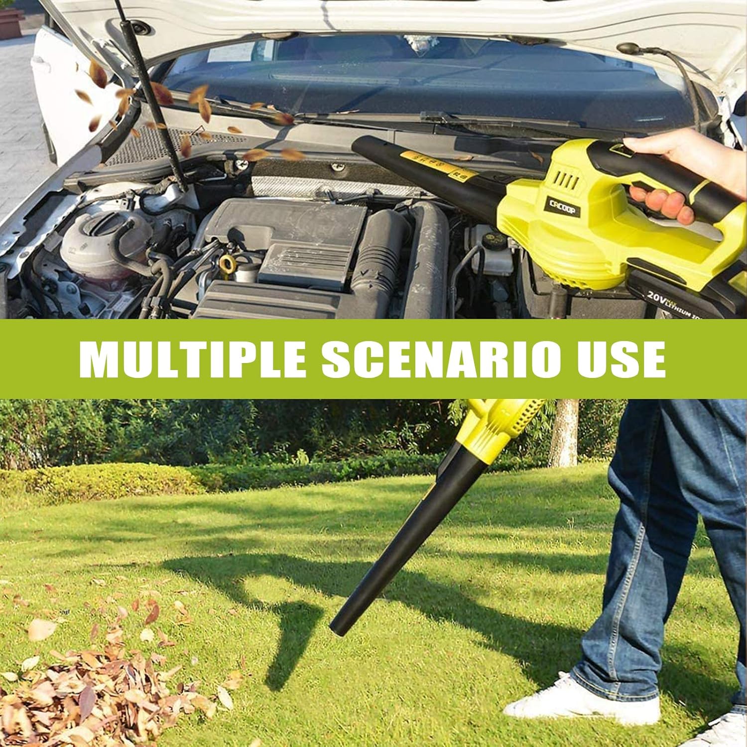 CACOOP Cordless Leaf Blower w/ Battery,2 Speed Variable,Extendable Battery Powered Patio Air Blower Lightweight Portable for Garden Patio Grass Clean(20V MAX)