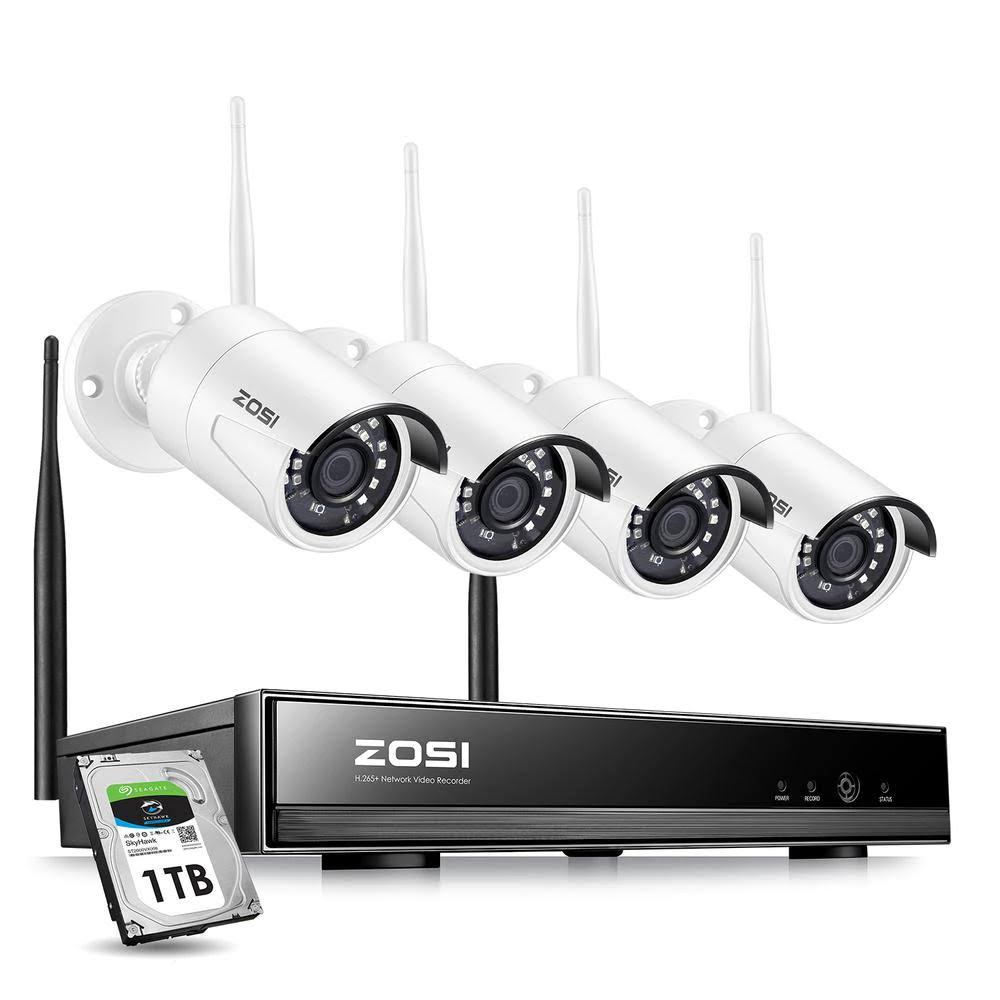 ZOSI 8-Channel 1080p 1TB Hard Drive NVR Security Camera System with 4 Wireless Bullet Cameras, White