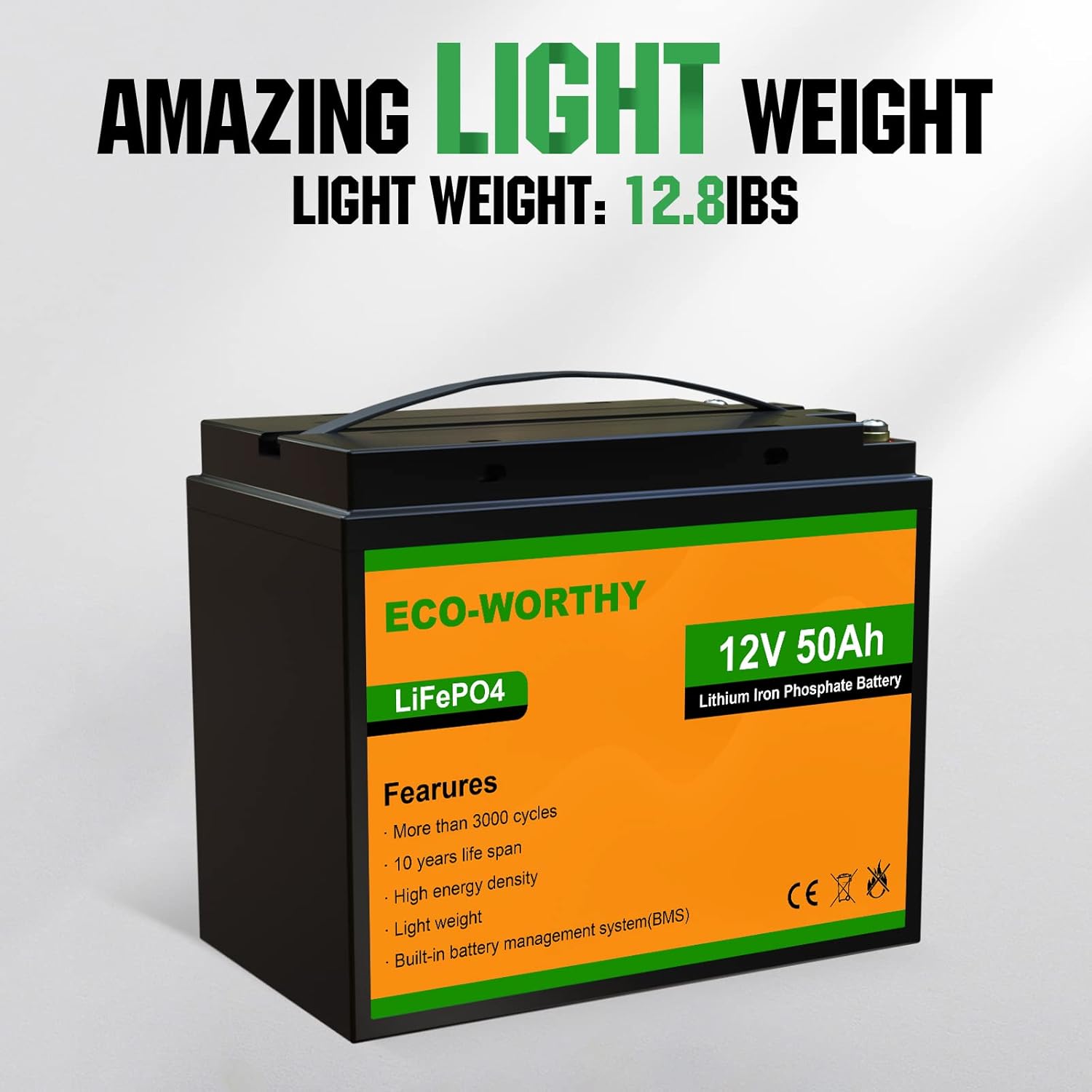 ECO-WORTHY 12V 50Ah LiFePO4 Lithium Battery 3000+ Cycles Rechargeable Iron Phosphate Battery Built-in BMS, Perfect for Travel Trailer, RV, Marine, Solar, Household Battery