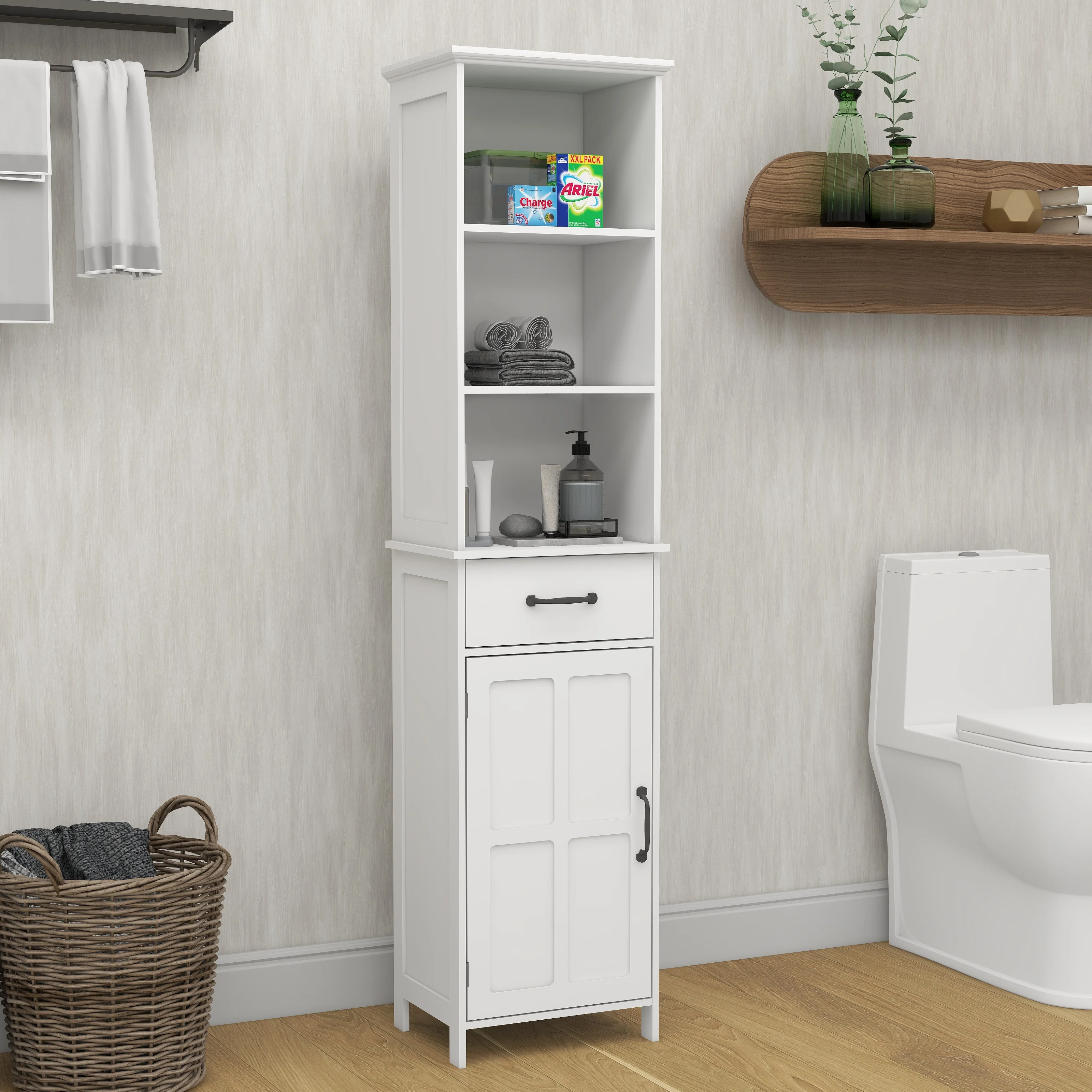Tall Narrow Storage Cabinet, Bathroom Slim Floor Freestanding Cabinet with One Door for Bathroom, Bedroom and Living Room, White