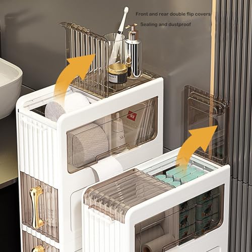 2 -Tiers Bathroom Floor Storage Cabinet Narrow Slim Tall Movable Towel Organizer Side Freestanding Rolling Unit with Clear Drawers for Small Space Laundry Living Room Gap