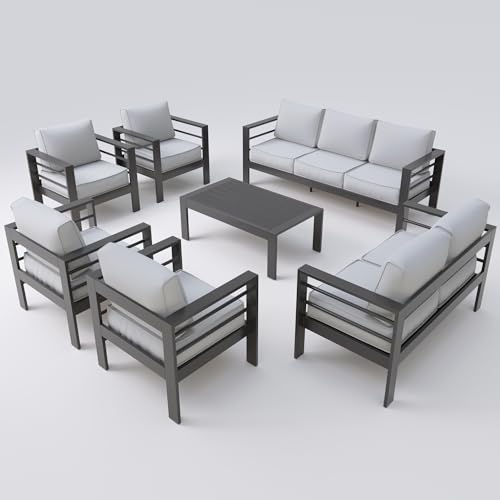UDPATIO 8 Piece Aluminum Patio Furniture Set, Oversized Modern Outdoor Furniture Set with Olefin Fabric Cushion for Patio Deck Backyard, Dark Grey(with Waterproof Covers)