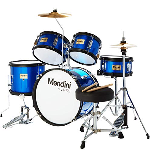Mendini by Cecilio Drum Set, 5 Piece 16 Inch Junior Drums Kit with Bass, Toms, Snare Drum, Cymbal, Hi-Hat, Drumsticks & Seat for Beginner Student (Metallic Black)