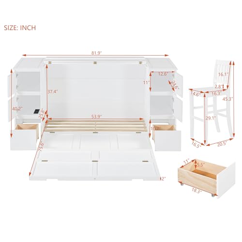Twin Size Murphy Beds with Charging Station and Storage Drawers, Wood Cabinet Bed Frame, Wall Bed with Outlet & USB Ports for Home Office Studio, White