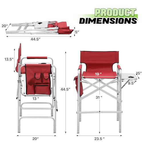 Magshion 31-Inch Height Folding Camping Tall Directors Chair with Side Table Foldable Portable Makeup Artist Chair, Dark Green