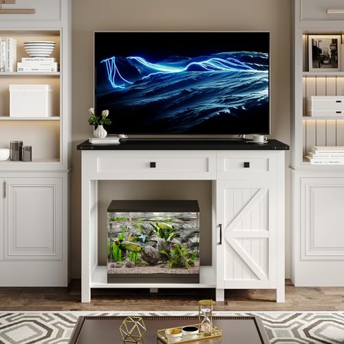 40 Gallon Aquarium Stand With Charging Station, Farmhouse Fish Tank Stand, Reptile Tank Stand Terrarium Stand with Drawer and Cabinet Storage, Sturdy Heavy Duty 41.9"×18.3" Tabletop - White
