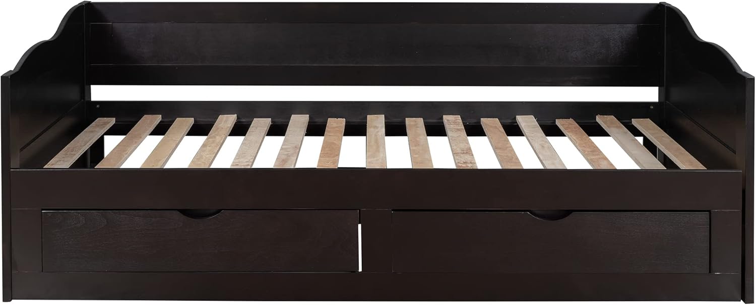 Wood Trundle, Extendable Daybed Twin to King with 2 Storage Drawers, Sofa Bed Frame for Small Space, Bedroom, Living, Guest Room, Espresso
