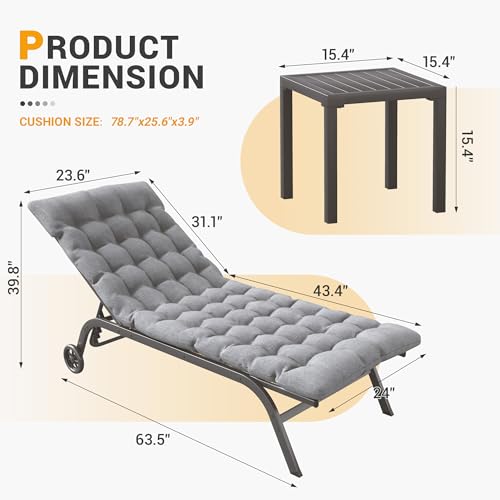 UDPATIO Chaise Lounge Outdoor Set of 3, Aluminum Lounge Chair with Removable Cushion Padding, 5 Adjustable Position Pool Lounger with Wheels and Side Table for Garden Poolside Patio (Beige)