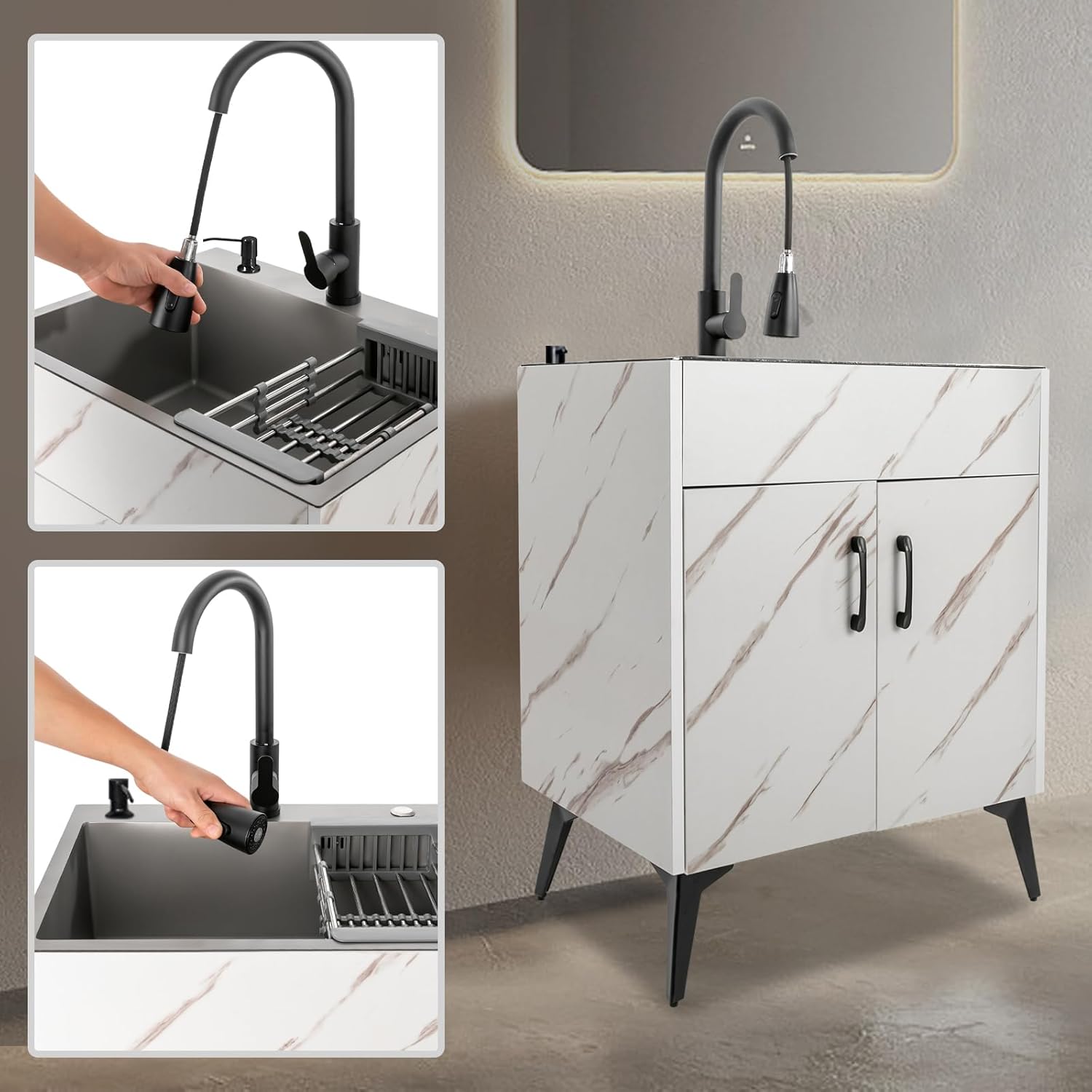 23.62inch Laundry Sink with Cabinet,Stainless Steel Sink with Pull-Out Sprayer Faucet Sink Cabinet Combo for Laundry Room,Utility Room,Bathroom and Kitchen,White