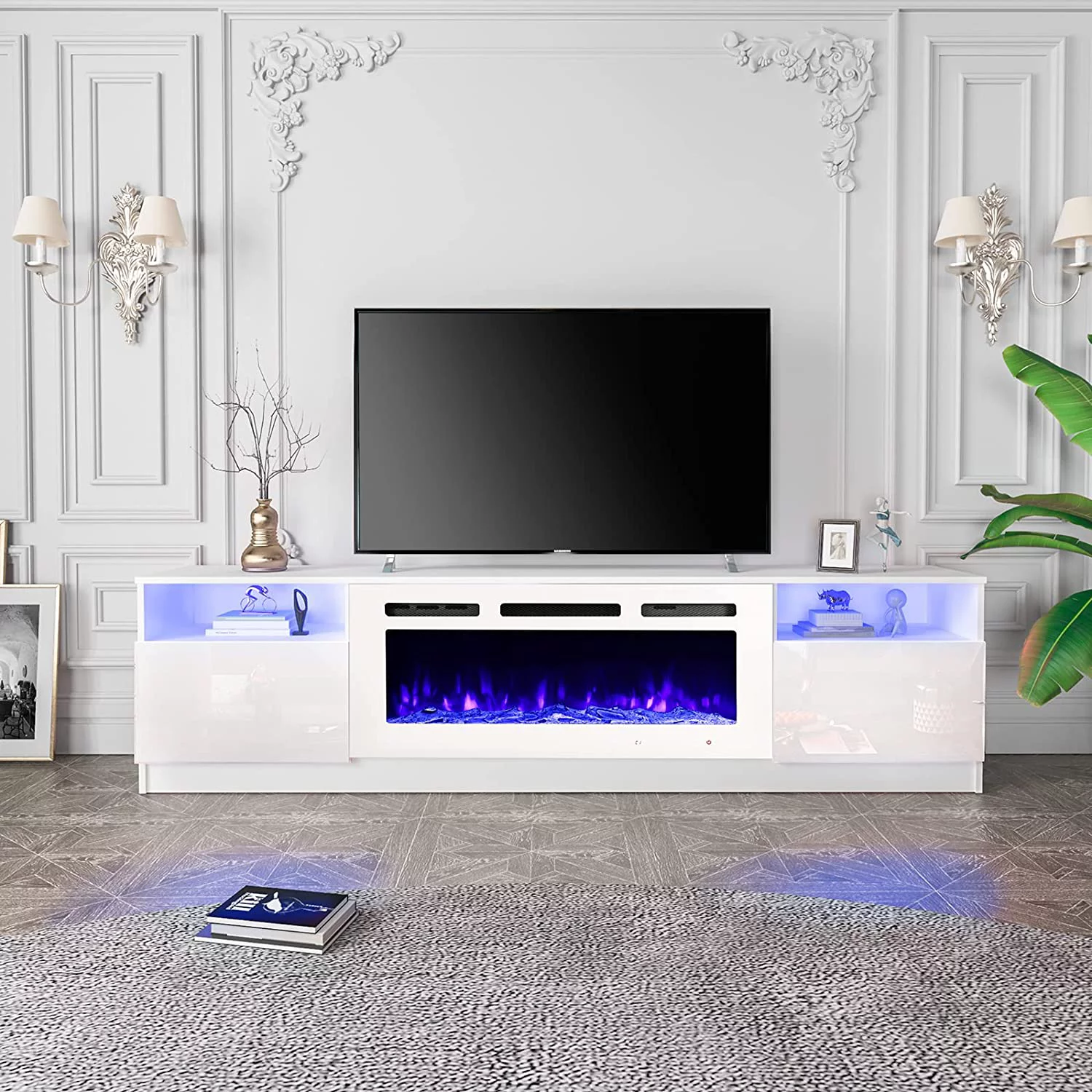 Erinnyees 80'' Fireplace TV Stand with 40'' Electric Fireplace, Entertainment Center with 16 Color Led Lights and 12 Flame Fireplace Insert Heater, TV Console for TVs up to 80'' for Living Room, White