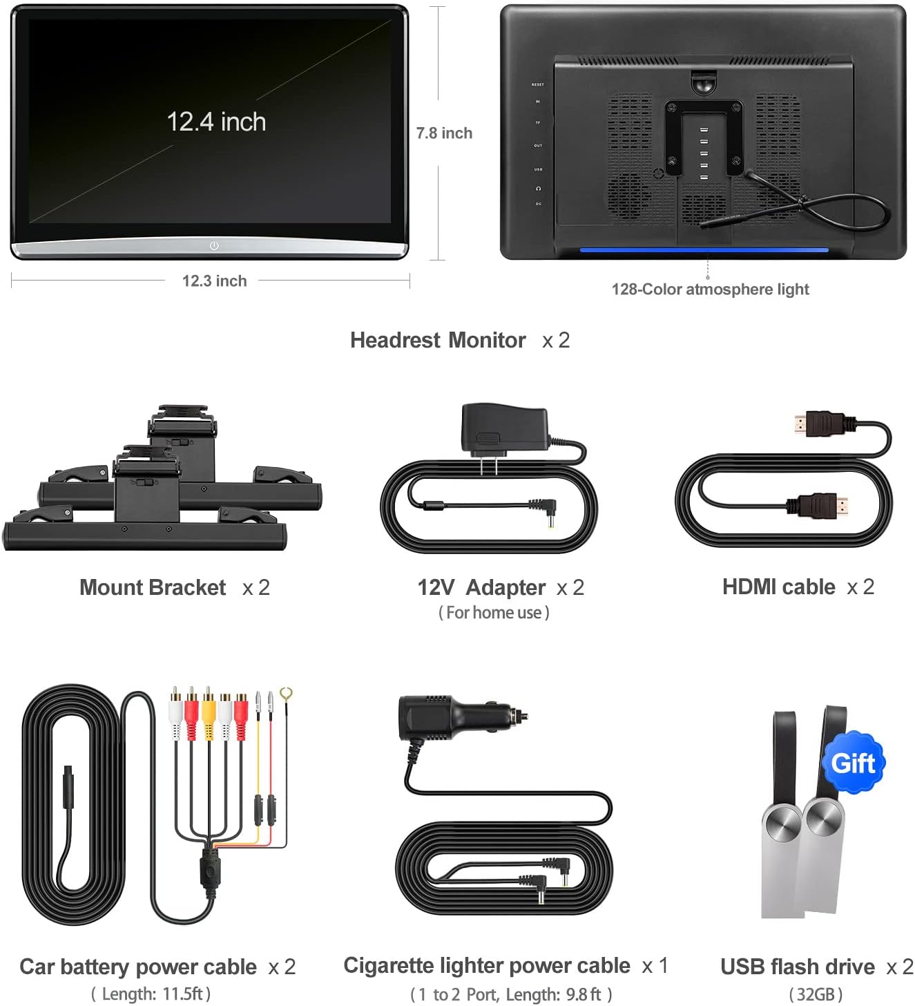 12.4"Android 4K Portable TV for Cars，Car Headrest Monitor Tablet for back seat, Support Phone Wireless Mirror Link Touch Screen,with WiFi/Bluetooth/HDMI/USB/Airplay Video Player 2G ram+16G rom (2*pcs)
