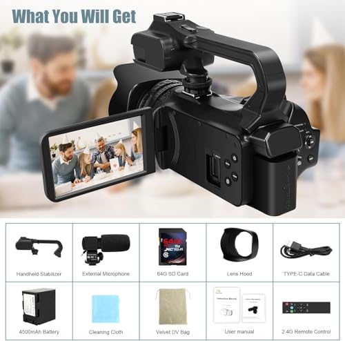 6K Camcorder Video Camera 64MP IR Night Vision Vlogging Camera for YouTube 18X Digital Zoom 4.0 Inch Touch Screen Video Camera with WiFi, Microphone, Remote Control, 64GB SD Card,Stabilizer